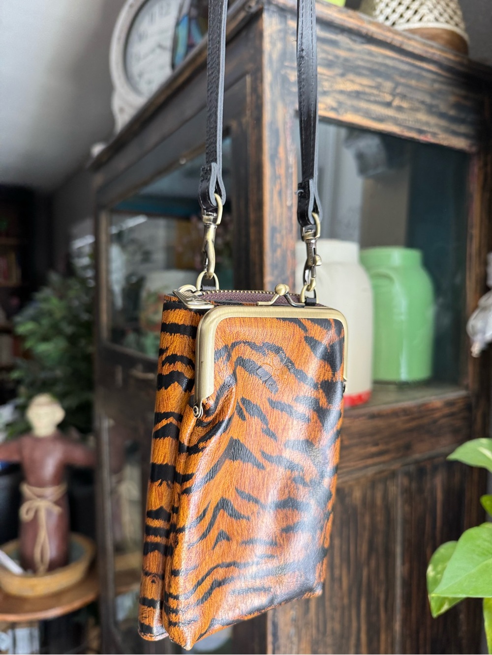 Patricia Nash Tiger-Print Crossbody in Orange and Black with Gold Frame